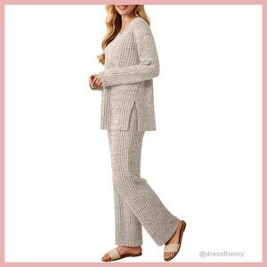 Ribbed Knit Lounge Set V-Neck Top Wide Leg Pants Pajama